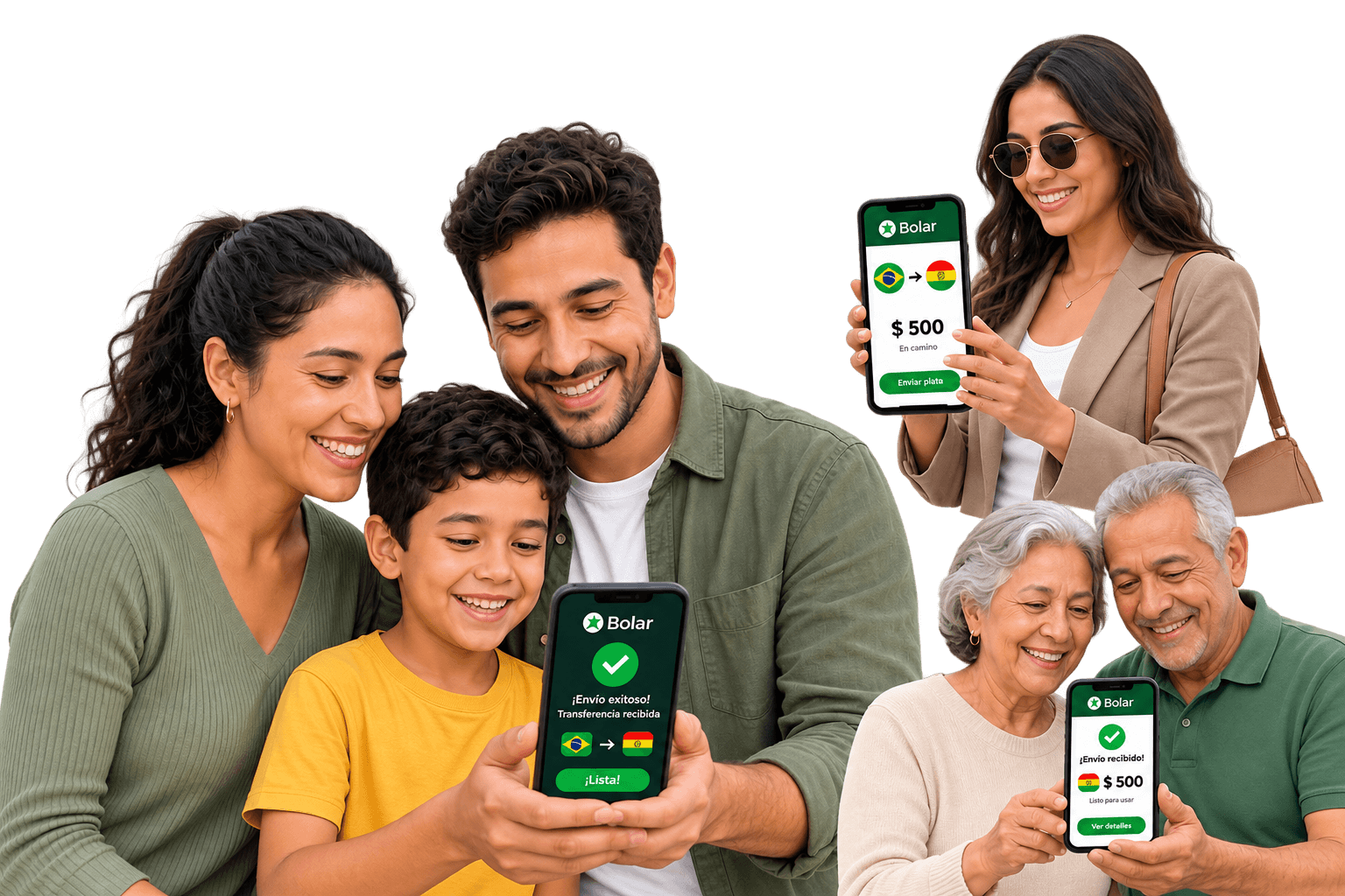 Familias usando Bolar en el celular para enviar y recibir dinero entre Brasil y Bolivia